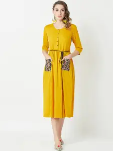 Miss Chase Women Mustard Yellow Solid Fit and Flare Dress