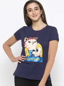 Globus Women Navy Blue & Peach-Coloured Printed Round Neck T-shirt