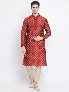 Sanwara Men Maroon & Beige Woven Design Straight Kurta