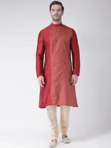 DEYANN Men Red & Cream-Coloured Woven Design Kurta with Churidar