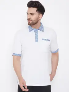 Hypernation Men White Colourblocked Polo Collar Slim Fit Pure Cotton T-shirt