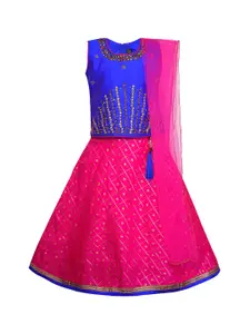 Wish Karo Girls Blue & Pink Embellished Ready to Wear Lehenga & Blouse with Dupatta