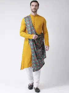 DEYANN Men Yellow & White Printed Drape Kurta with Churidar & Attached Dupatta