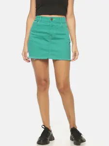 ISU Women Green Solid Denim Pencil Mini Skirt