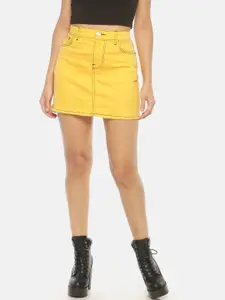 ISU Women Yellow Solid Pencil Mini Denim Skirt