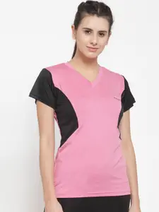 Boston Club Women Pink & Black Colourblocked V-Neck T-shirt