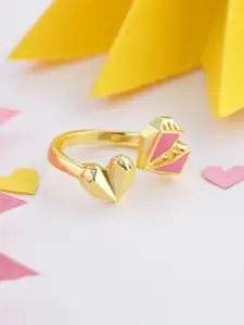 Voylla Gold-Plated & Pink Mi Amore Heart Motifs Enamelled Handcrafted Statement Finger Ring