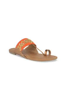 SOLES Women Orange Embellished One Toe Flats
