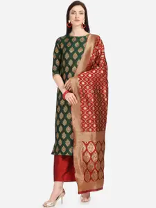 Kvsfab Green & Red Silk Blend Unstitched Dress Material
