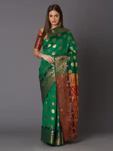 Mitera Green & Red Silk Blend Woven Design Banarasi Saree