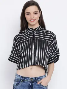 Oxolloxo Women Black & White Regular Fit Striped Casual Shirt