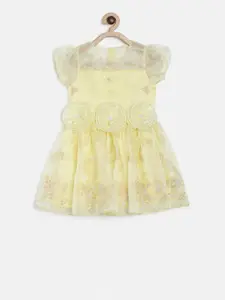 MINI KLUB Girls Yellow Self Design A-Line Dress