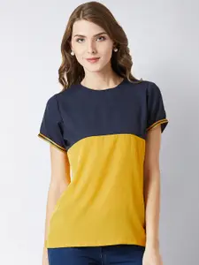 Miss Chase Women Navy Blue & Yellow Colourblocked Top