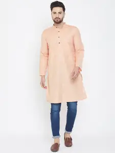 even Men Peach-Coloured Solid Linen Straight Kurta