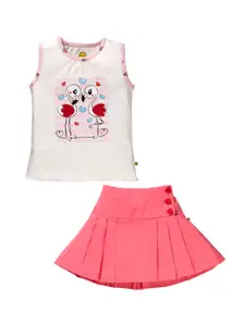 Pranava Girls Off-White & Pink Solid Organic Cotton T-shirt with Skirt