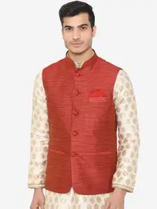 Wintage Men Red Solid Satin Nehru Jacket
