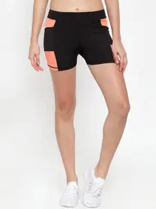 Boston Club Women Black & Orange Colourblocked Skinny Fit Sports Shorts