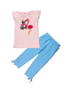 Pranava Girls Pink & Blue Embroidered Organic Cotton Top with Capris