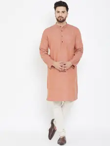 even Men Peach-Coloured Solid Straight Kurta
