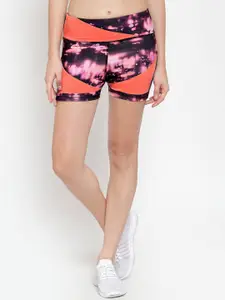 Boston Club Women Black & Orange Printed Skinny Fit Sports Shorts
