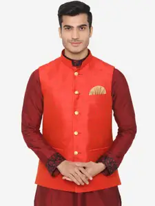 Wintage Men Orange Woven Design Satin Nehru Jacket