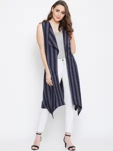 Hypernation Women Navy Blue & Grey Striped Open Front Shrug