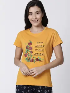 Kryptic Women Yellow Printed Pure Cotton Lounge T-shirt
