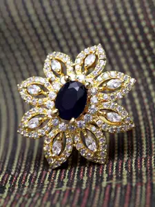 Bhana Fashion Gold-Plated White & Black American Diamond Studded Floral Shaped Finger Ring