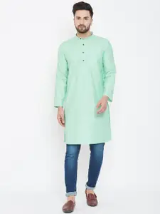 even Men Green Solid Linen Straight Kurta