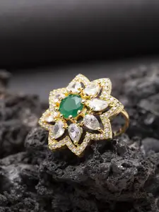 Bhana Fashion Gold-Plated & Green American Diamond Studded Star Shape Ring