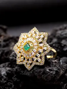 Bhana Fashion Gold-Plated White & Green American Diamond Stone Studded Handcrafted Star-Shaped Finger Ring