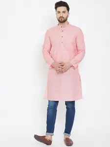 even Men Pink Solid Linen Straight Kurta