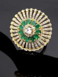 Bhana Fashion Gold-Plated Green American Diamond Circular-Shape Handcrafted Finger Ring