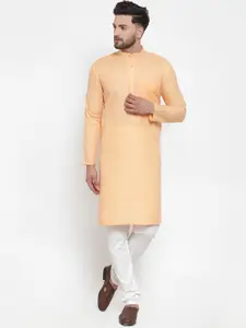 Jompers Men Peach-Coloured & White Solid Kurta with Churidar