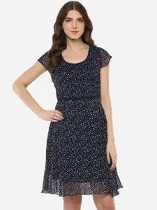 Porsorte Women Navy Blue & White Printed Fit and Flare Dress