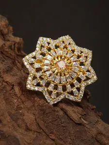 Bhana Fashion Gold-Plated & White American Diamond Studded Star Shaped Finger Ring