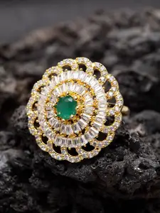 Bhana Fashion Women Gold Plated White & Green American Diamond Stone Studded Circular Ring
