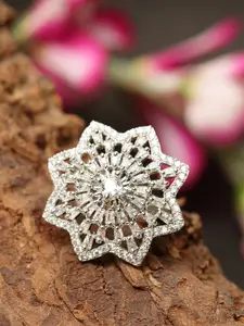 Bhana Fashion Silver-Plated & White American Diamond Studded Star Shape Ring