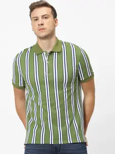 Celio Men Olive Green Striped Polo Collar T-shirt
