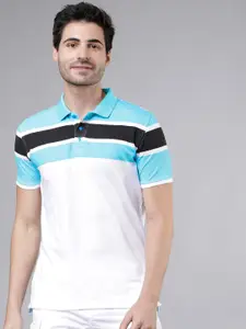 LOCOMOTIVE Men White & Blue Colourblocked Polo Collar T-shirt