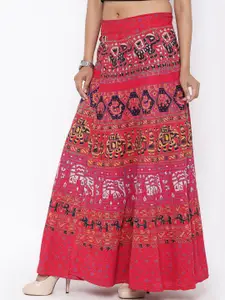 SOUNDARYA Women Red & Yellow Printed Flared Wrap Around Maxi Skirt
