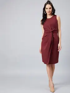 Athena Women Burgundy Solid Fit and Flare Dress