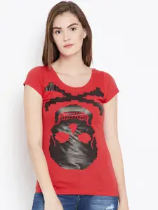 PUNK Women Red & Black Printed Round Neck T-shirt