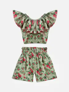KIDSCRAFT Girls Green & Pink Printed Top with Shorts