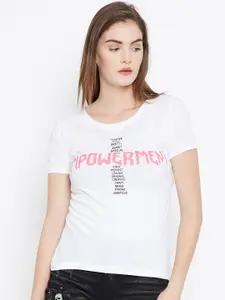 PUNK Women White  Pink Printed Round Neck Pure Cotton T-shirt