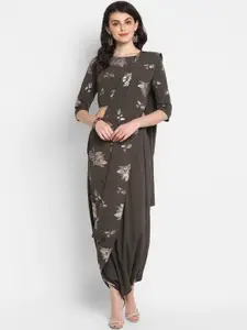 Janasya Women Grey & Silver Floral Print Top with Dhoti Pants & Dupatta