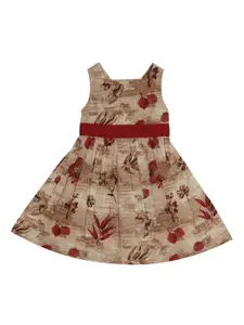 My Little Lambs Girls Beige & Maroon Floral Printed Fit and Flare Garden Berries Dress