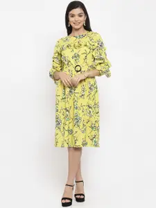 KASSUALLY Women Yellow & Black Floral Printed Fit and Flare Dress