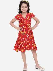 StyleStone Girls Red Floral Printed Fit and Flare Dress
