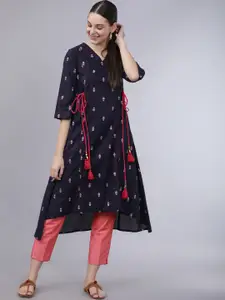 Vishudh Women Navy Blue & Pink Floral Printed A-Line Kurta